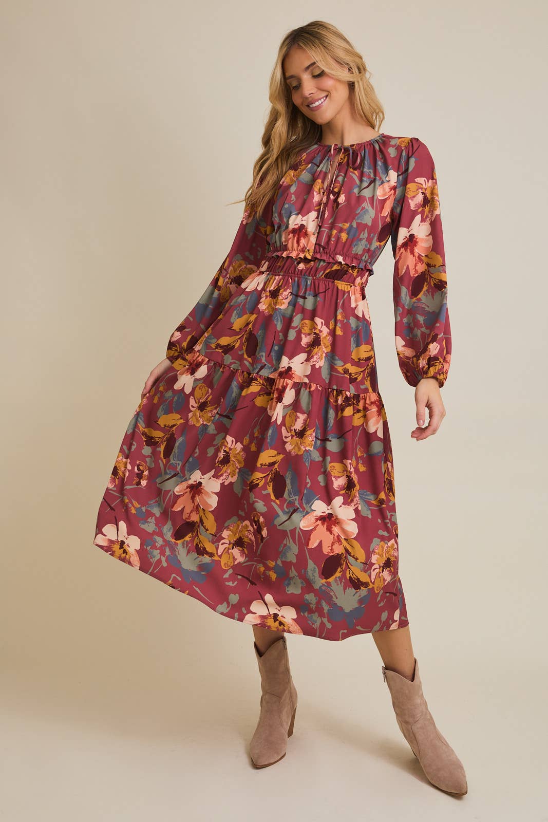fall floral maxi dress with sleeves Autumn Winter Vacation Floral Maxi Dress Women Long Sleeve Tie Belt High  m-xxl