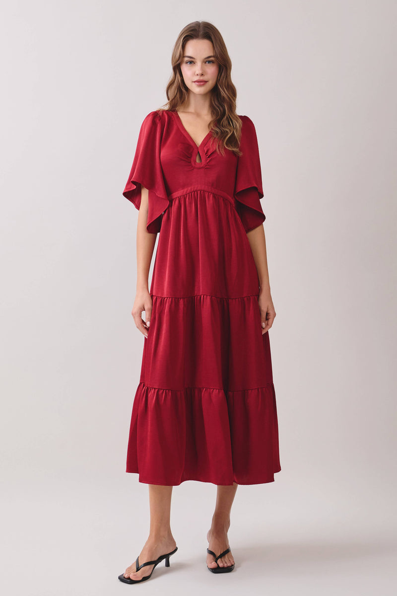 Ruched Tiered Bell Sleeve Maxi Dress, Crimson / S