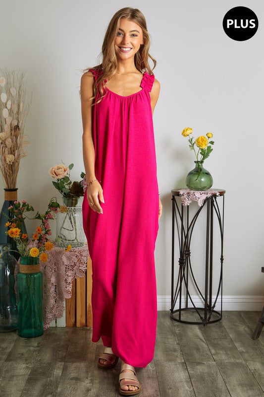 Curvy Elastic Ruffle Shoulder Wide Leg Jumpsuit