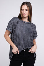 Ribbed Raglan Dolman Sleeve Boat-Neck Top