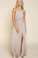 Stone Washed Side Slit Cut Out Maxi Dress