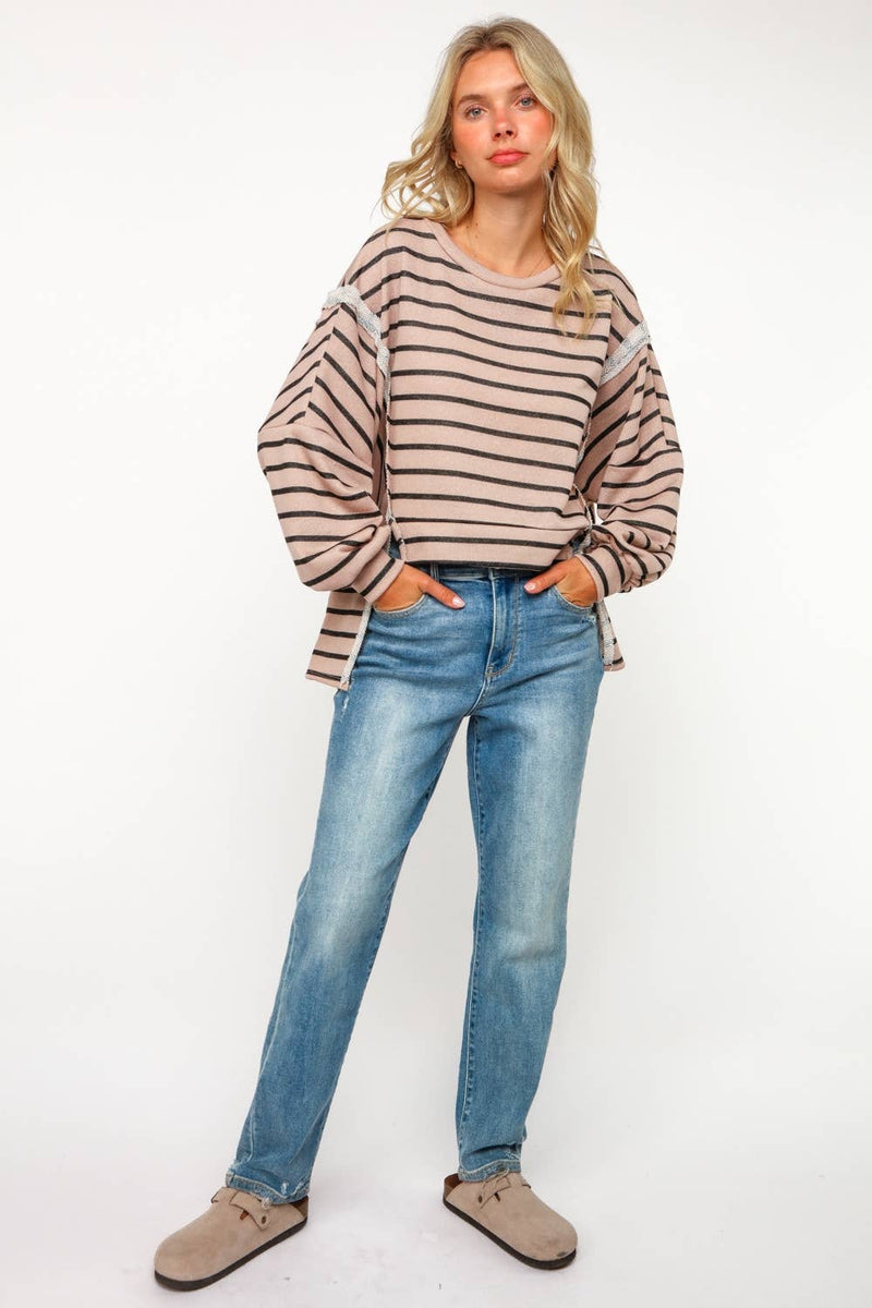 PLUS SIZE STRIPE LONG SLEEVE SLITS PULLOVER TOP