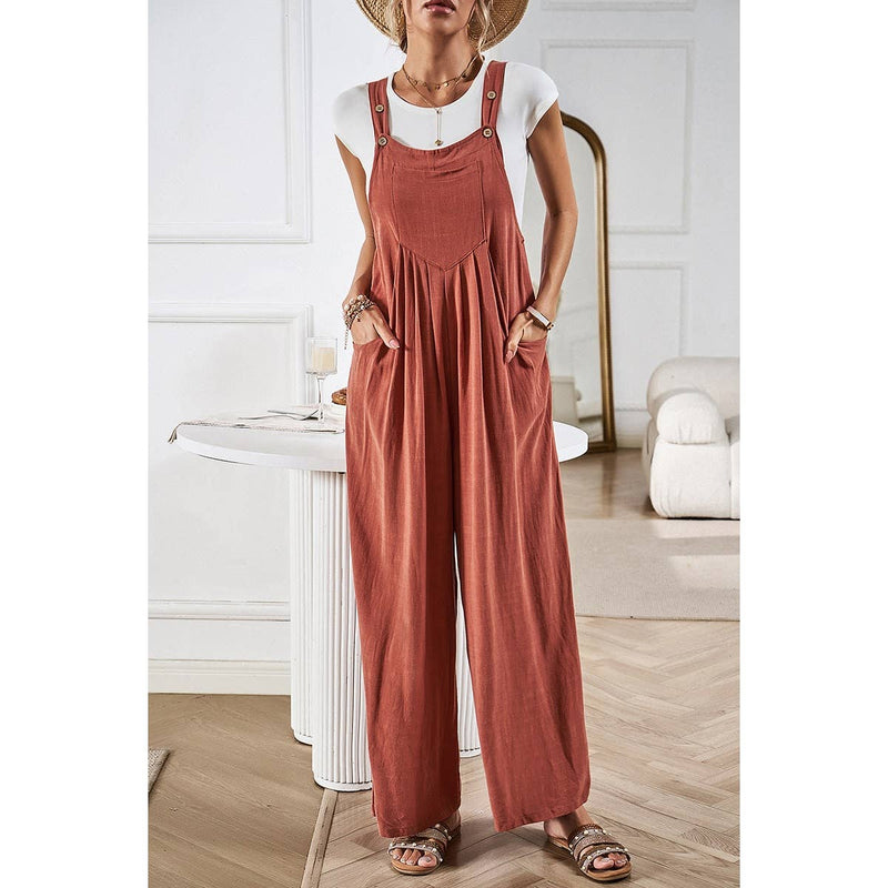 Button Detail Wide Leg Overall Pockets Jumpsuit