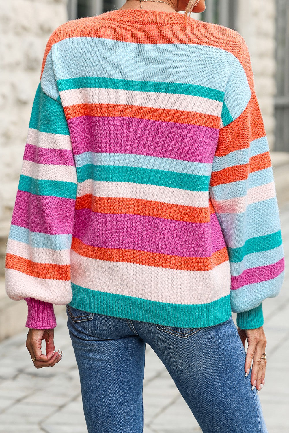 Striped Knit Puff Sleeve Sweater