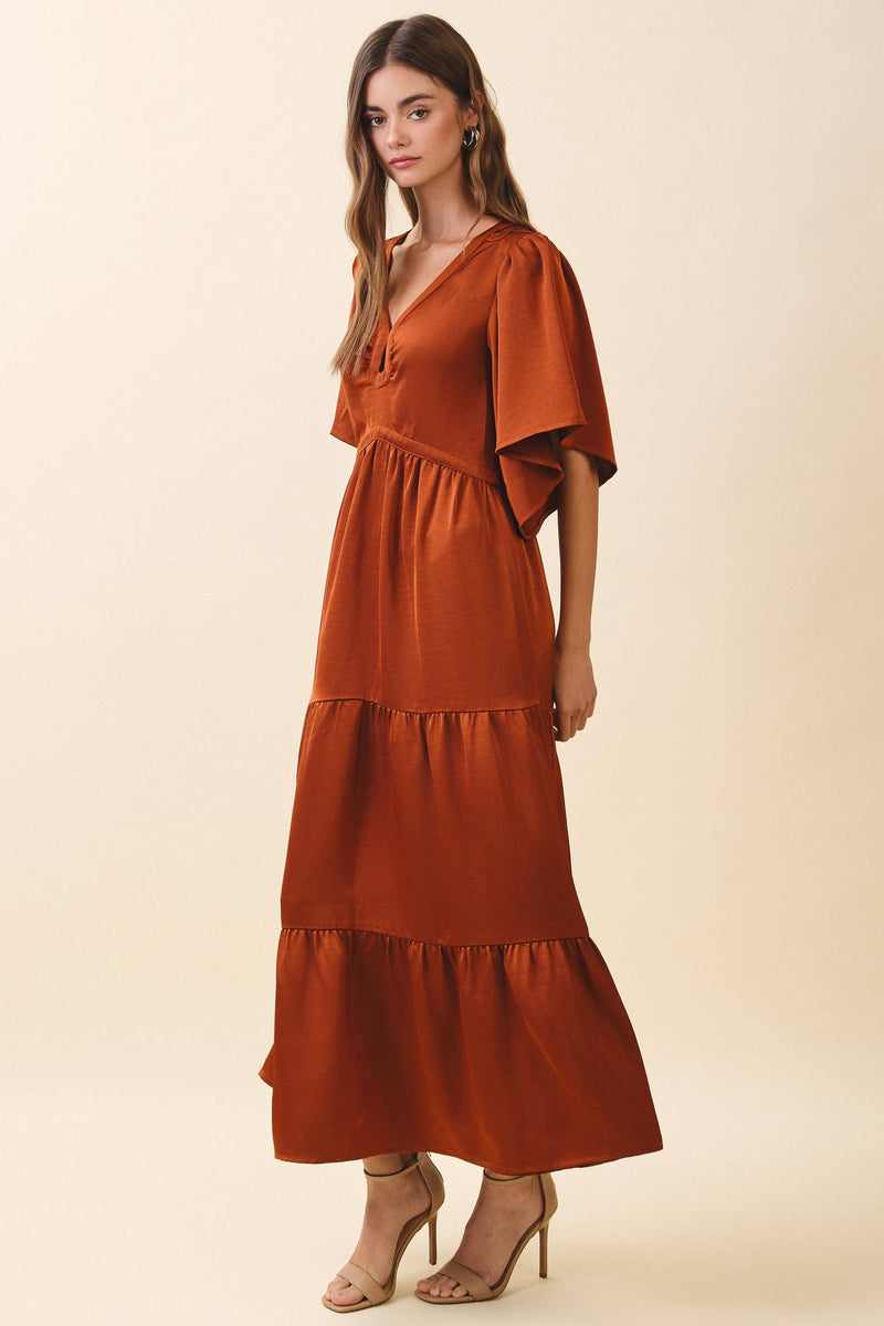 Ruched Tiered Bell Sleeve Maxi Dress, Crimson / S Ruched Tiered Bell Sleeve Maxi Dress, Crimson / S