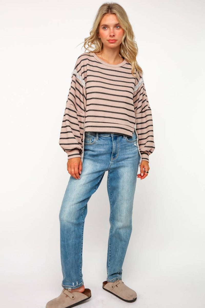 PLUS SIZE STRIPE LONG SLEEVE SLITS PULLOVER TOP