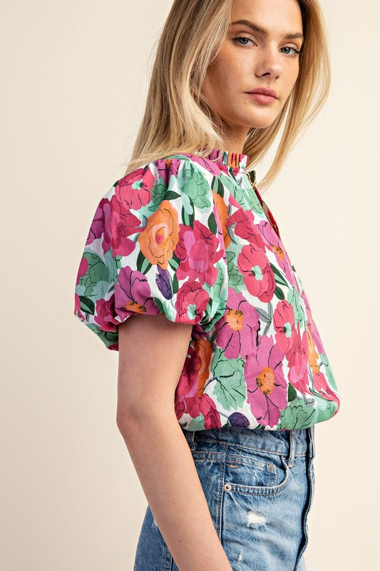 Fiesty Floral Split Neck Top