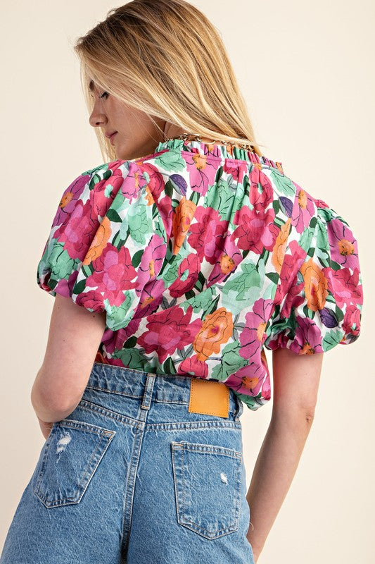 Fiesty Floral Split Neck Top