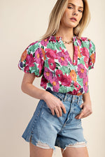 Fiesty Floral Split Neck Top