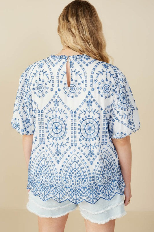 Scallop Hemmed Eyelet Embroidered Top