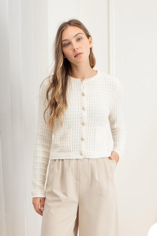 Round Neck Button Down Textured Knit Cardigan