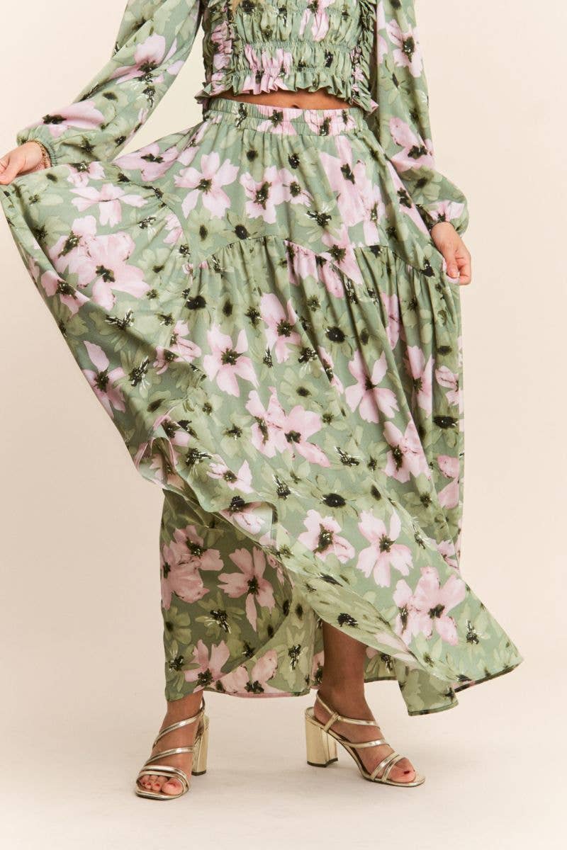 Multicolor Floral Print Tiered Maxi Skirt & Top Set
