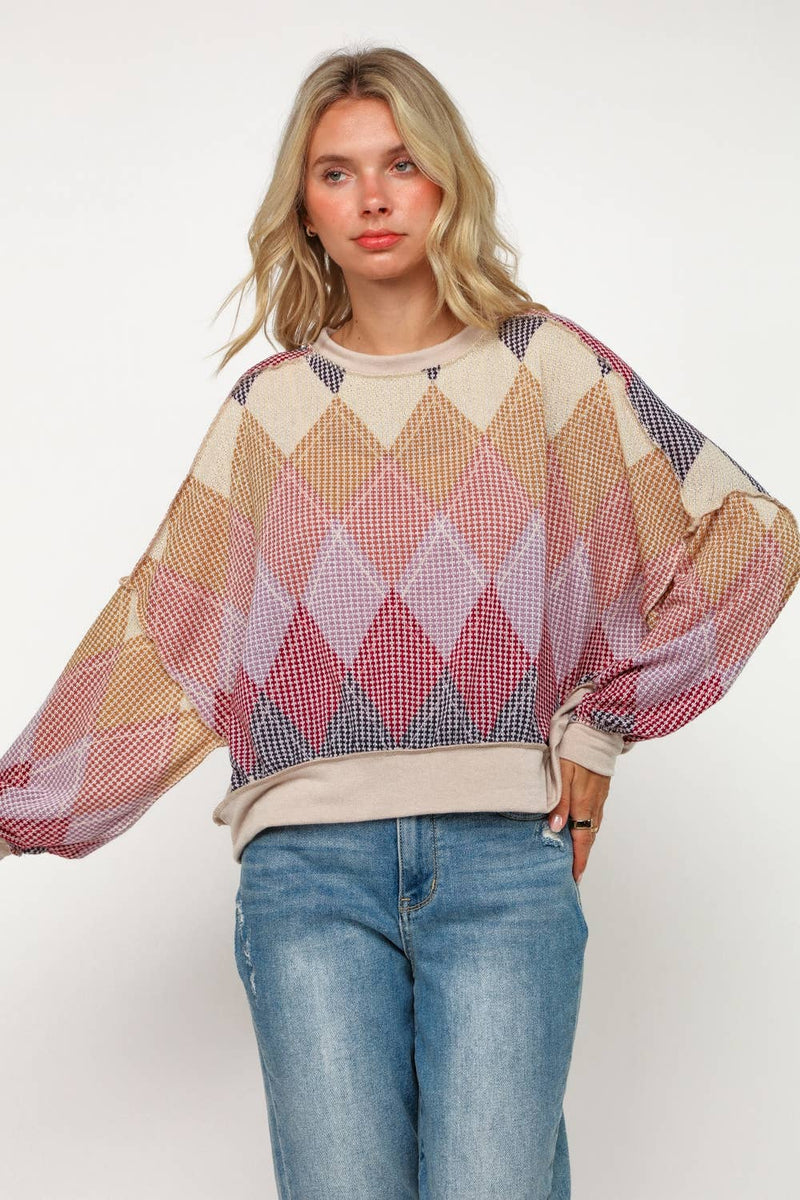 ARGYLE PRINT OVERSIZED LONG SLEEVE KNIT TOP