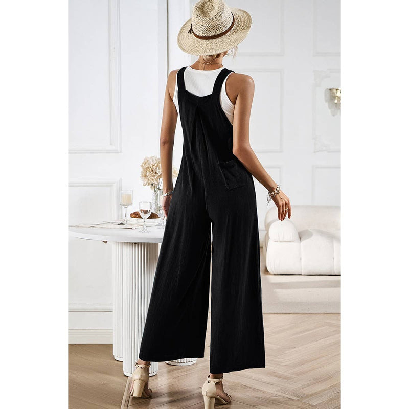 Button Detail Wide Leg Overall Pockets Jumpsuit