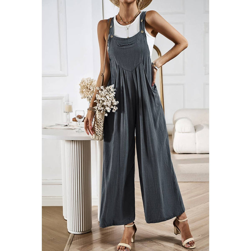 Button Detail Wide Leg Overall Pockets Jumpsuit