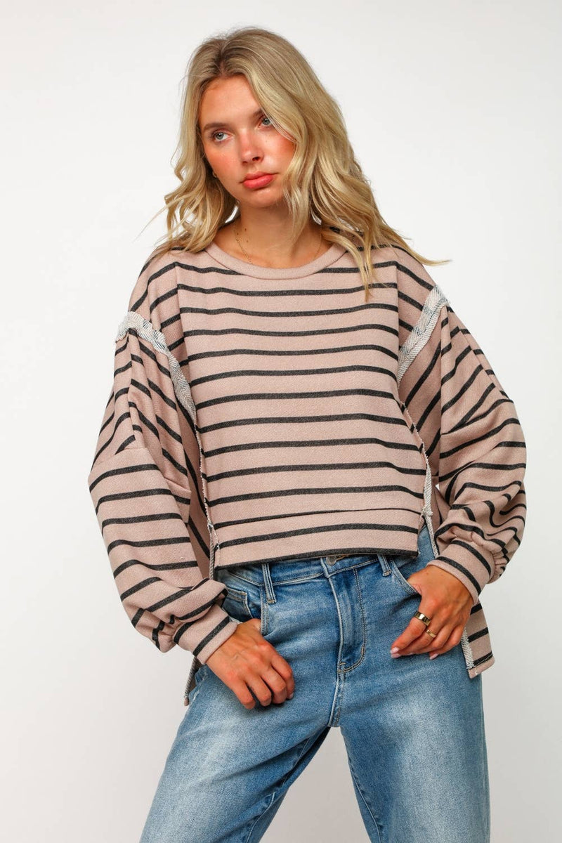 PLUS SIZE STRIPE LONG SLEEVE SLITS PULLOVER TOP