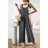 Button Detail Wide Leg Overall Pockets Jumpsuit