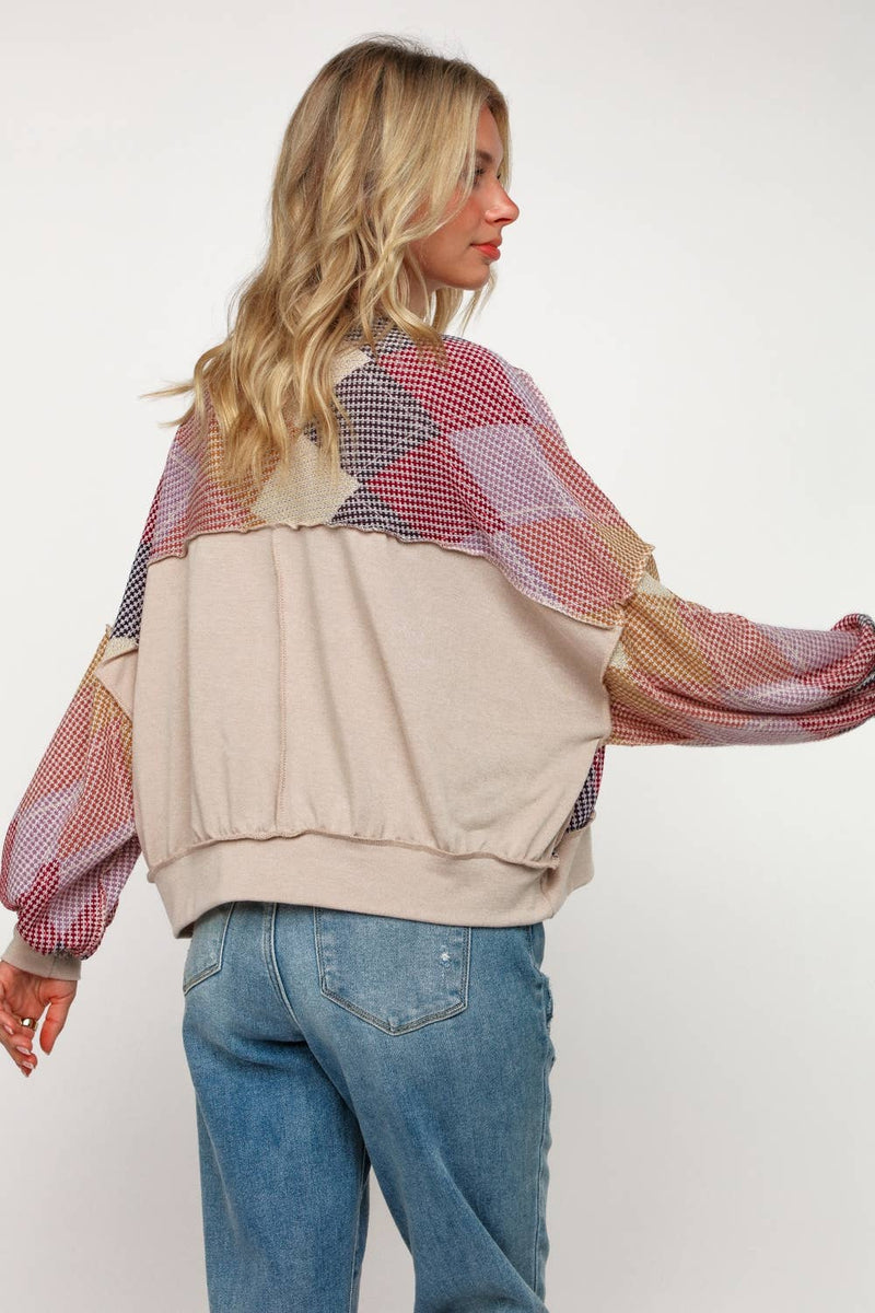 ARGYLE PRINT OVERSIZED LONG SLEEVE KNIT TOP
