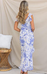 Blue Floral Print V-Neck Maxi Dress