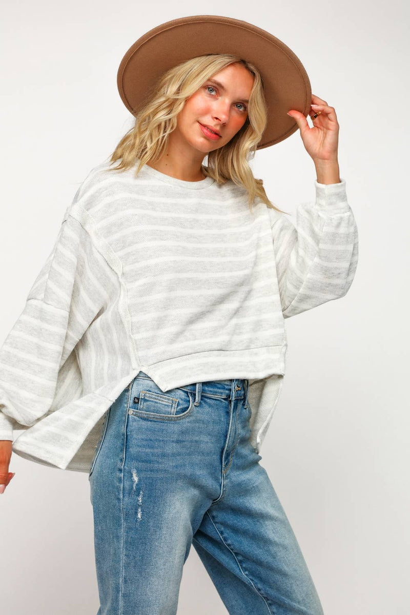 PLUS SIZE STRIPE LONG SLEEVE SLITS PULLOVER TOP