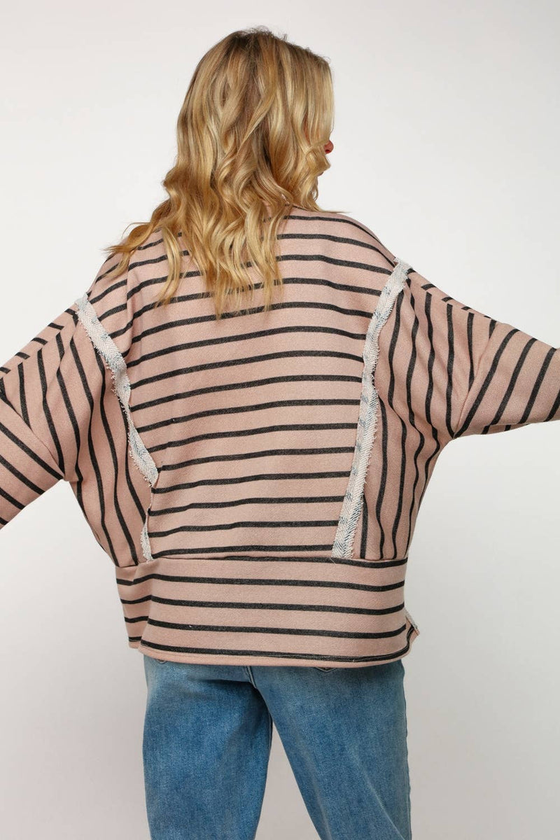 PLUS SIZE STRIPE LONG SLEEVE SLITS PULLOVER TOP