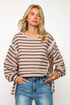 PLUS SIZE STRIPE LONG SLEEVE SLITS PULLOVER TOP