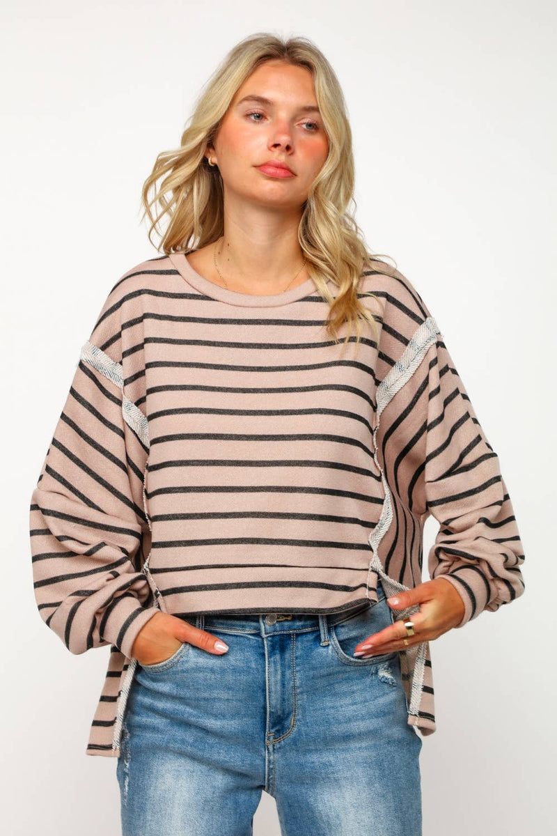 PLUS SIZE STRIPE LONG SLEEVE SLITS PULLOVER TOP