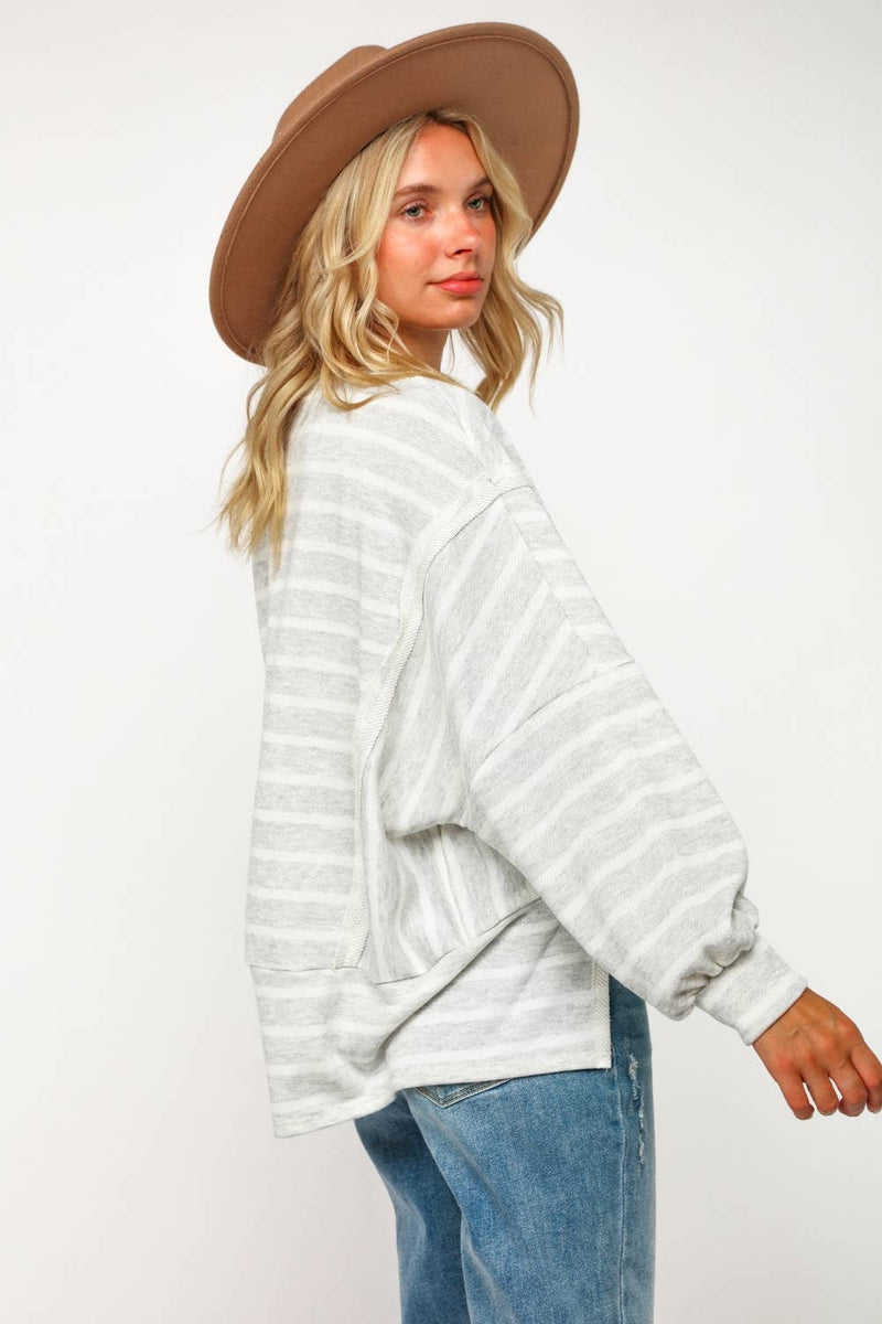 PLUS SIZE STRIPE LONG SLEEVE SLITS PULLOVER TOP