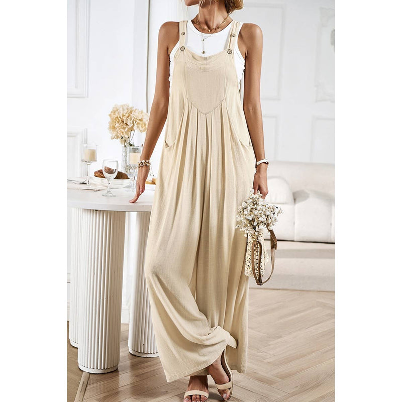 Button Detail Wide Leg Overall Pockets Jumpsuit
