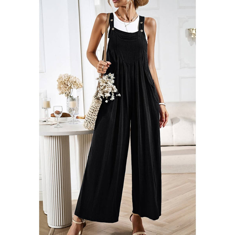 Button Detail Wide Leg Overall Pockets Jumpsuit