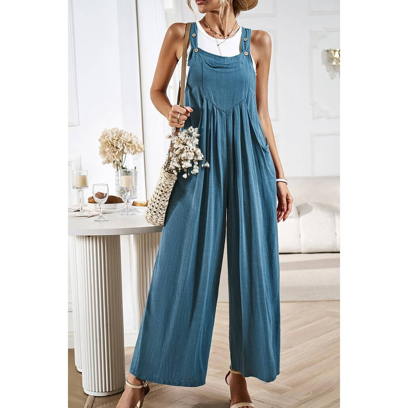 Button Detail Wide Leg Overall Pockets Jumpsuit