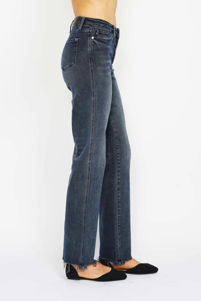 Judy Blue High Waist Destroy Hem Button Fly Straight Leg Jeans