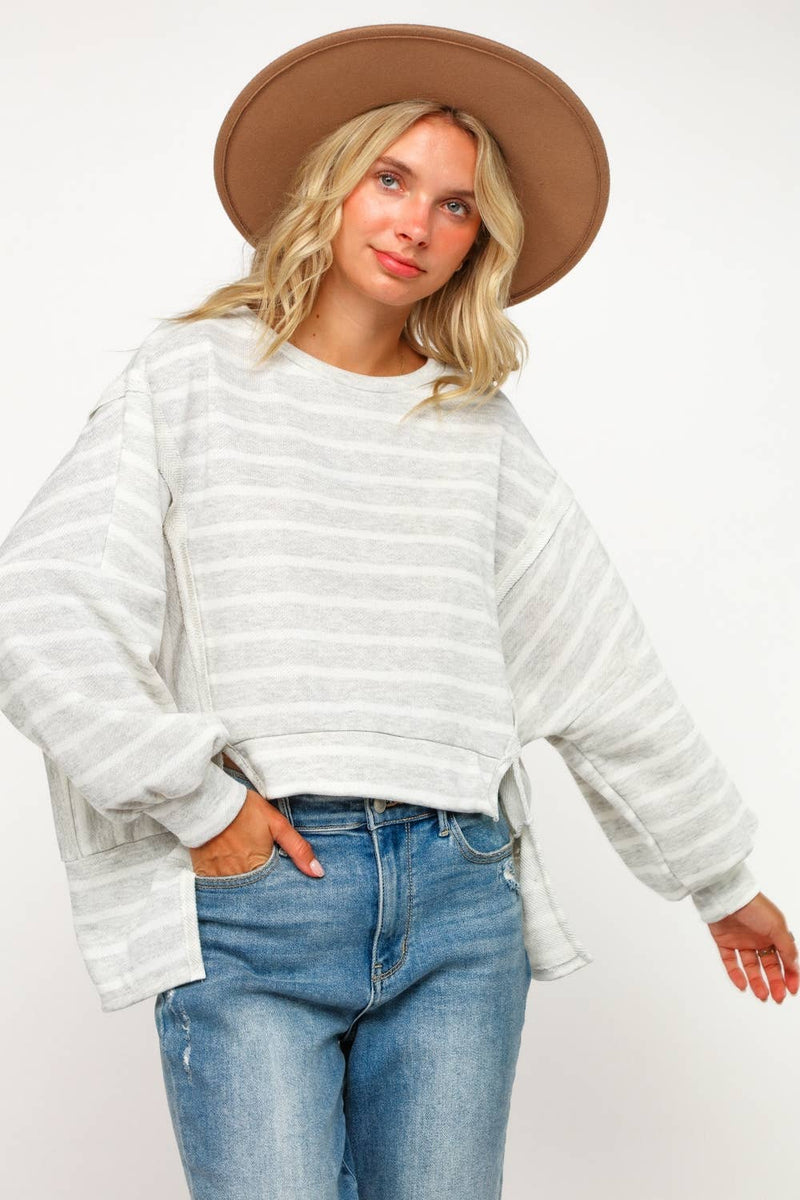 PLUS SIZE STRIPE LONG SLEEVE SLITS PULLOVER TOP