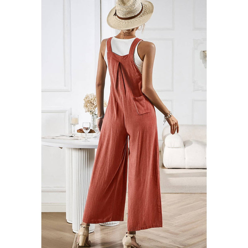 Button Detail Wide Leg Overall Pockets Jumpsuit