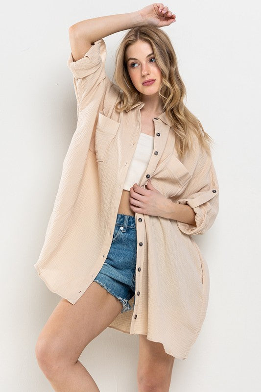Gauze Quarter Sleeve Boyfriend Shirt