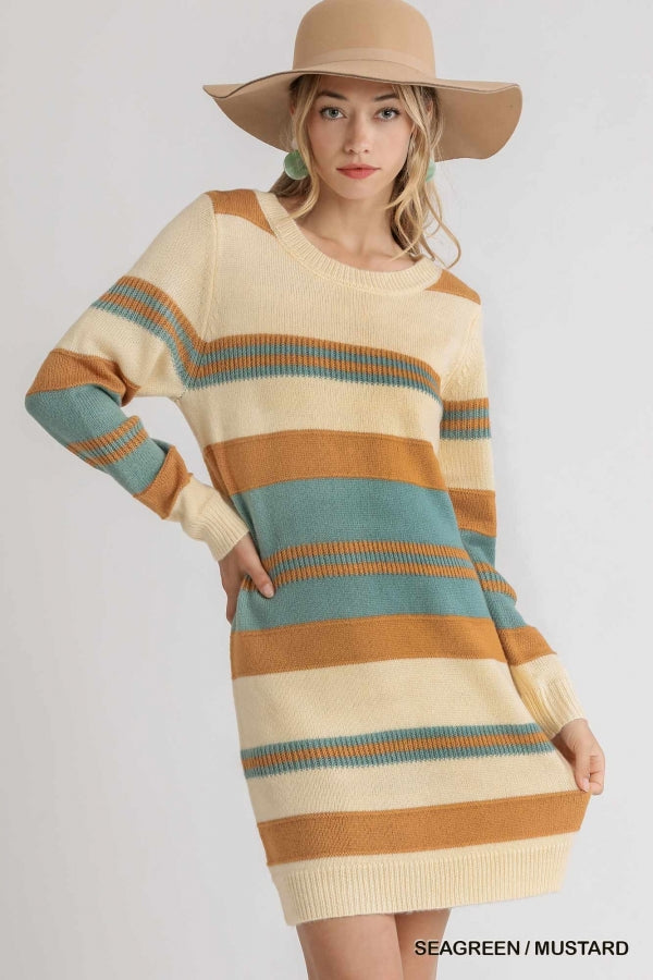 Multi Stripe Long Sleeve Knit Sweater Dress
