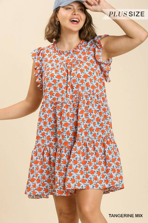 Ruffle Round Neck Flower Print Dress