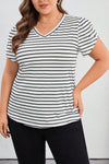 Curvy Striped V-Neck Short Sleeve T-Shirt