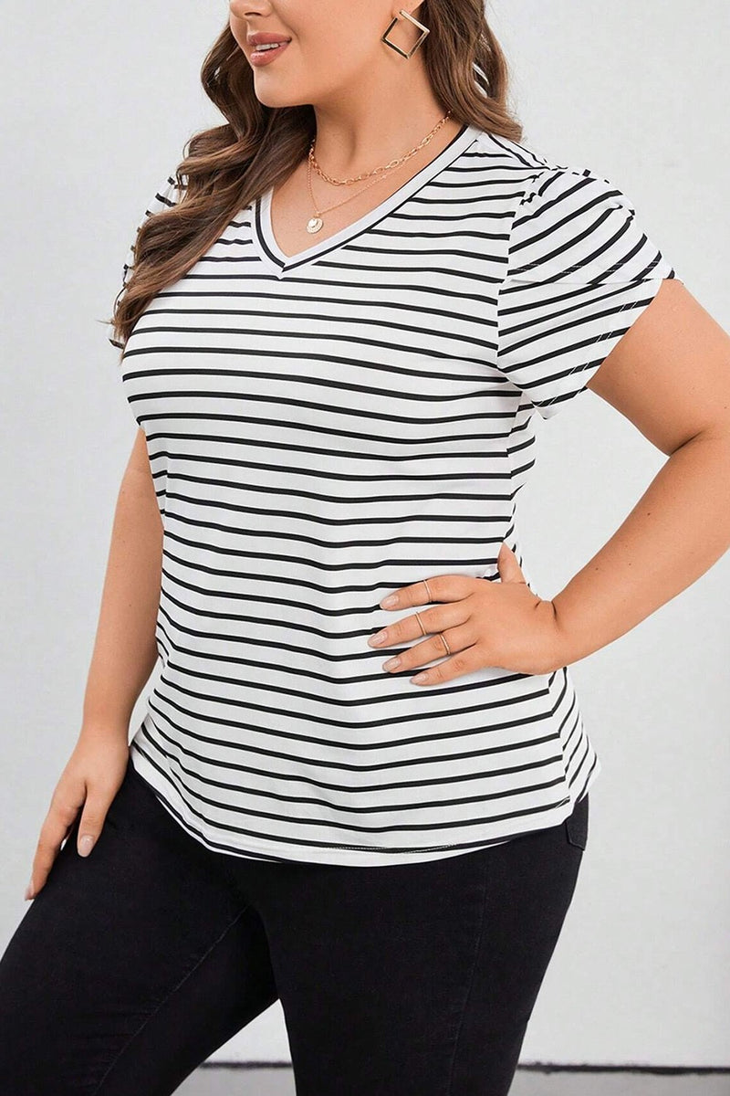 Curvy Striped V-Neck Short Sleeve T-Shirt