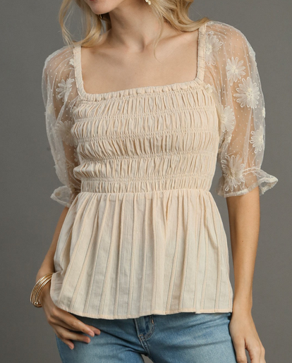 Smile You're Smocked Lace Sleeve Top