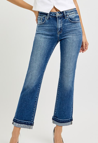 Risen Mid Rise Straight Cuffed Jeans