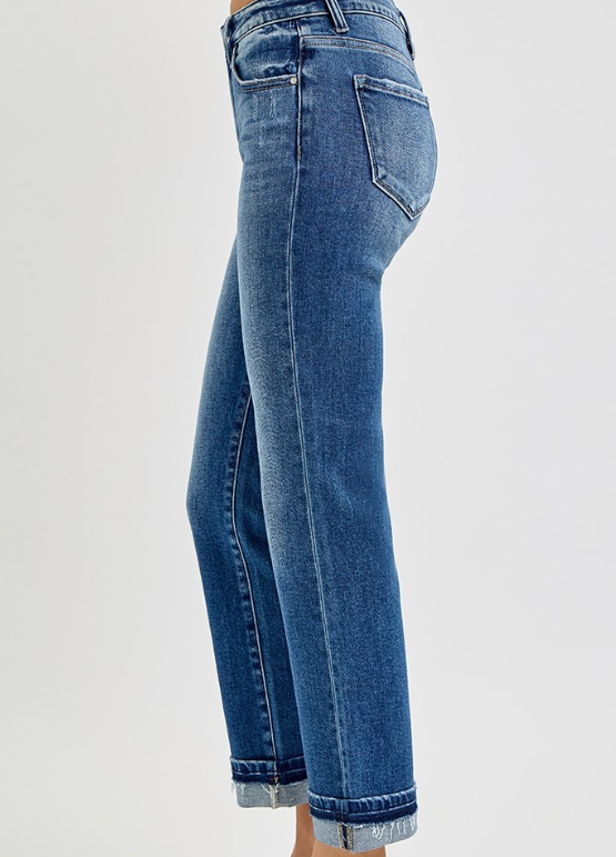 Risen Mid Rise Straight Cuffed Jeans