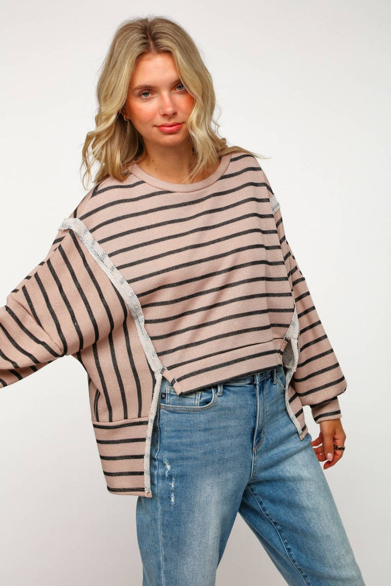 PLUS SIZE STRIPE LONG SLEEVE SLITS PULLOVER TOP