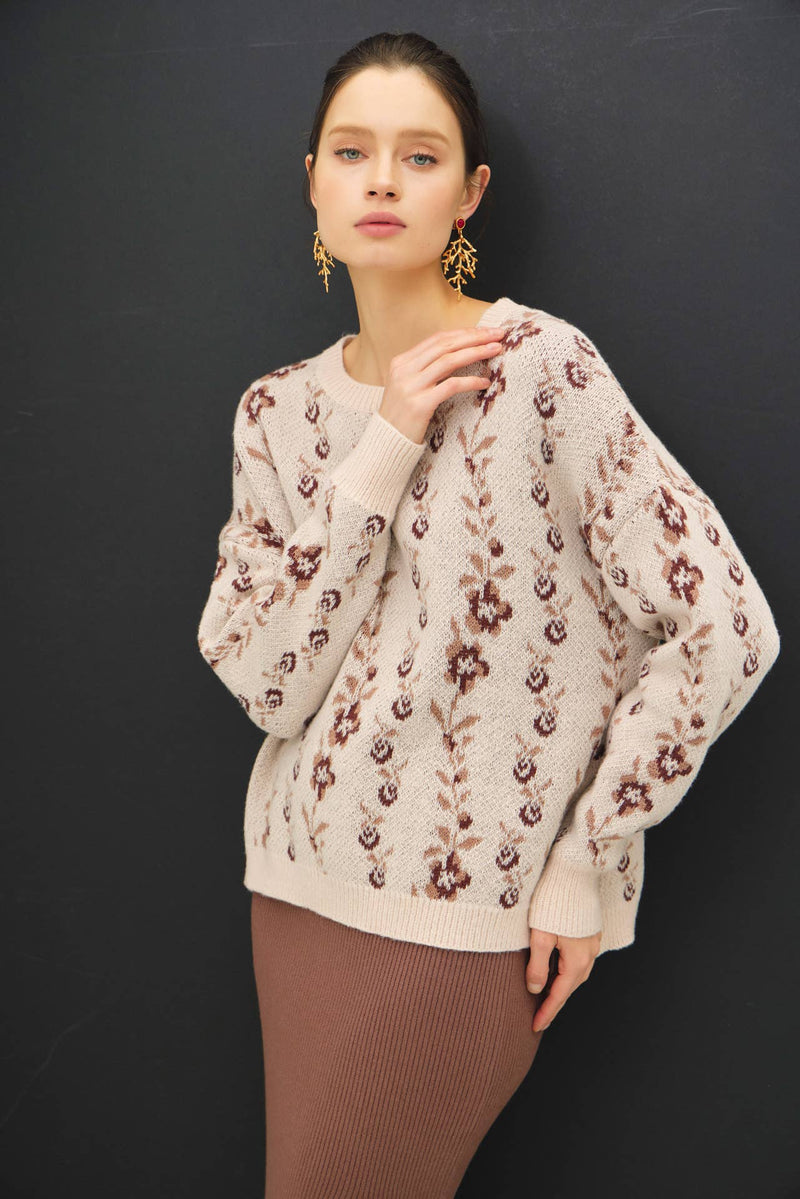 COZY FLORAL JACQUARD SWEATER TOP