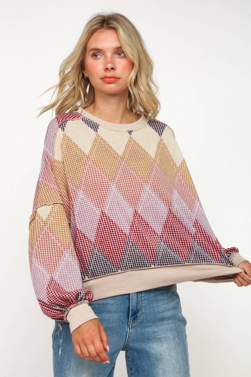ARGYLE PRINT OVERSIZED LONG SLEEVE KNIT TOP
