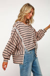 PLUS SIZE STRIPE LONG SLEEVE SLITS PULLOVER TOP
