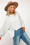 PLUS SIZE STRIPE LONG SLEEVE SLITS PULLOVER TOP