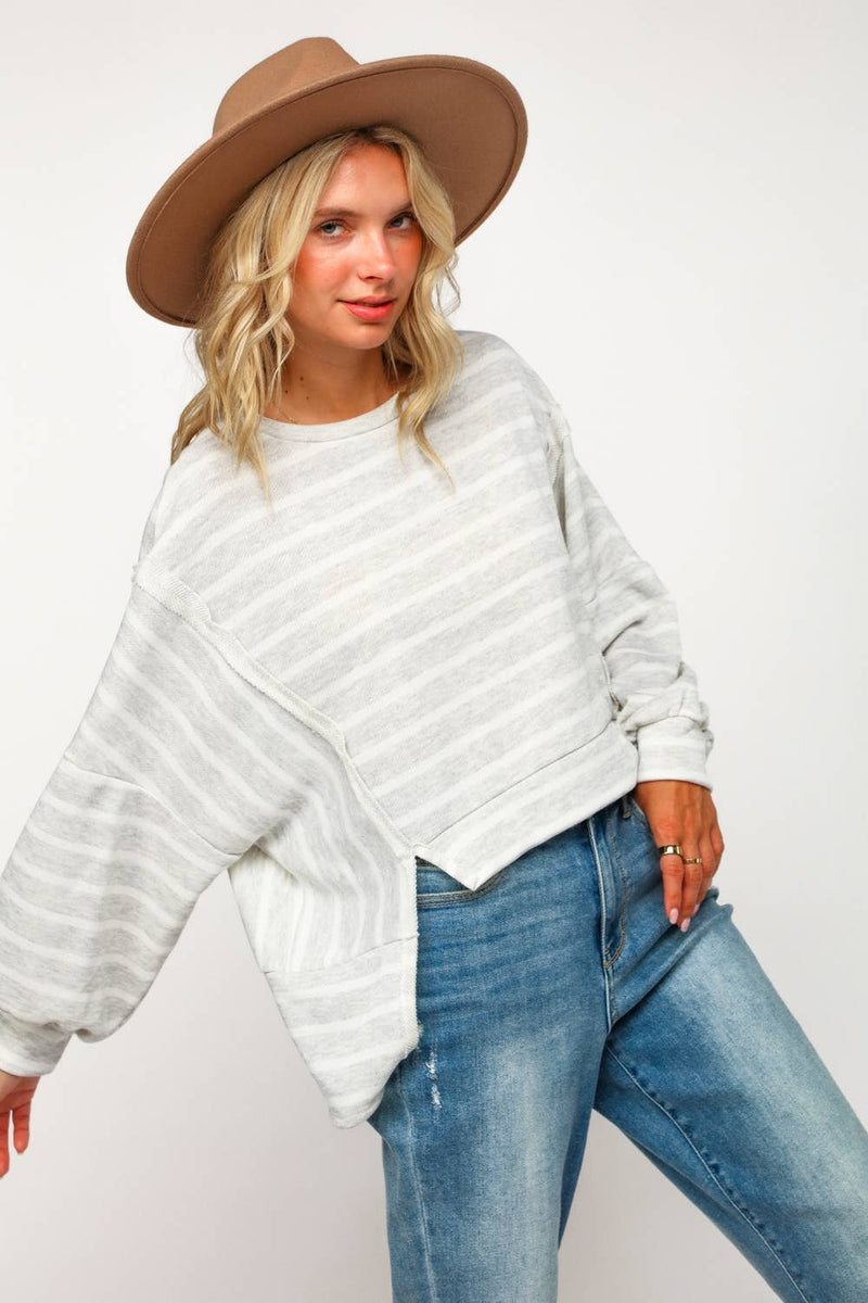 PLUS SIZE STRIPE LONG SLEEVE SLITS PULLOVER TOP