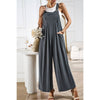 Button Detail Wide Leg Overall Pockets Jumpsuit