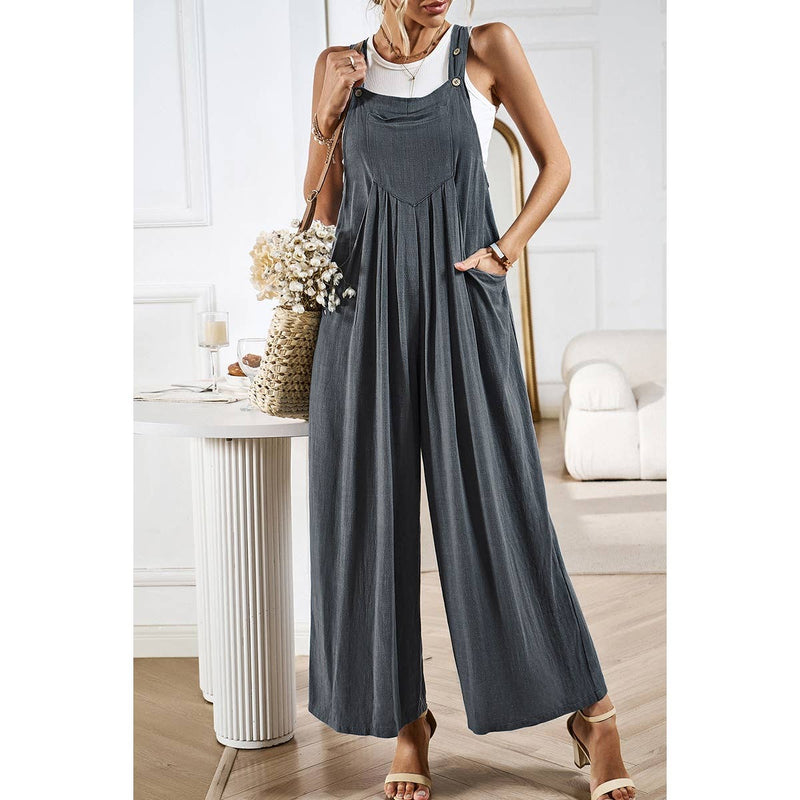 Button Detail Wide Leg Overall Pockets Jumpsuit